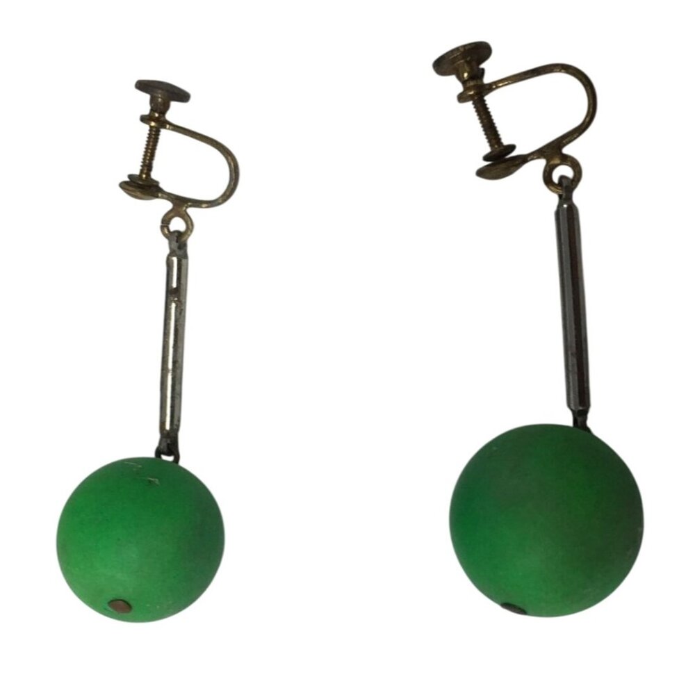 Women's Vintage Green and Silver Tone Screw Back Drop Earrings